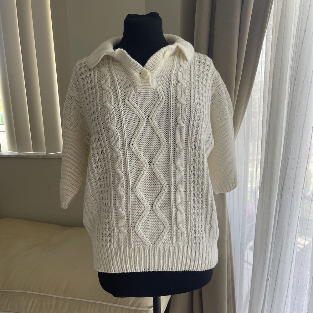 Vintage Lindsey Blake 80s Cable Knit Ivory Sweater Grandma Collar L